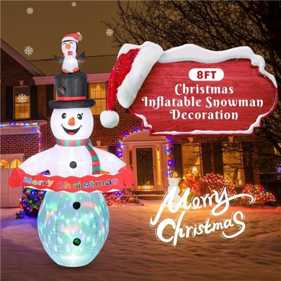 8FT Christmas Inflatable Snowman, Blow Up with Built-in Colorful LED Lights - Picture 2 of 7